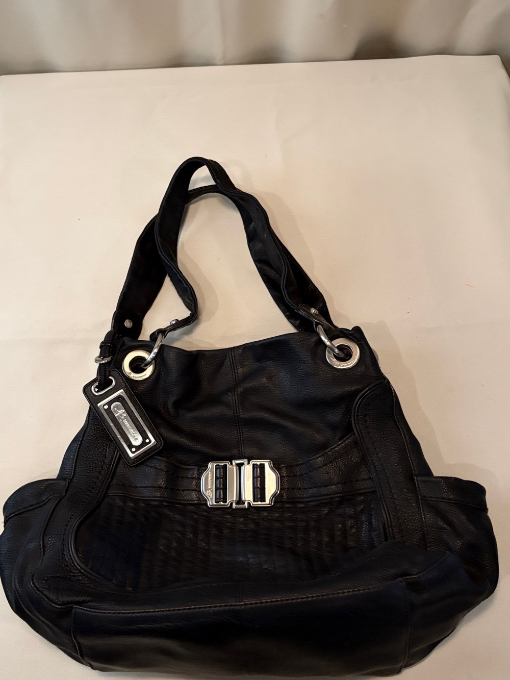 B. Makowski Black Leather Shoulder Bag with Silver Hardware